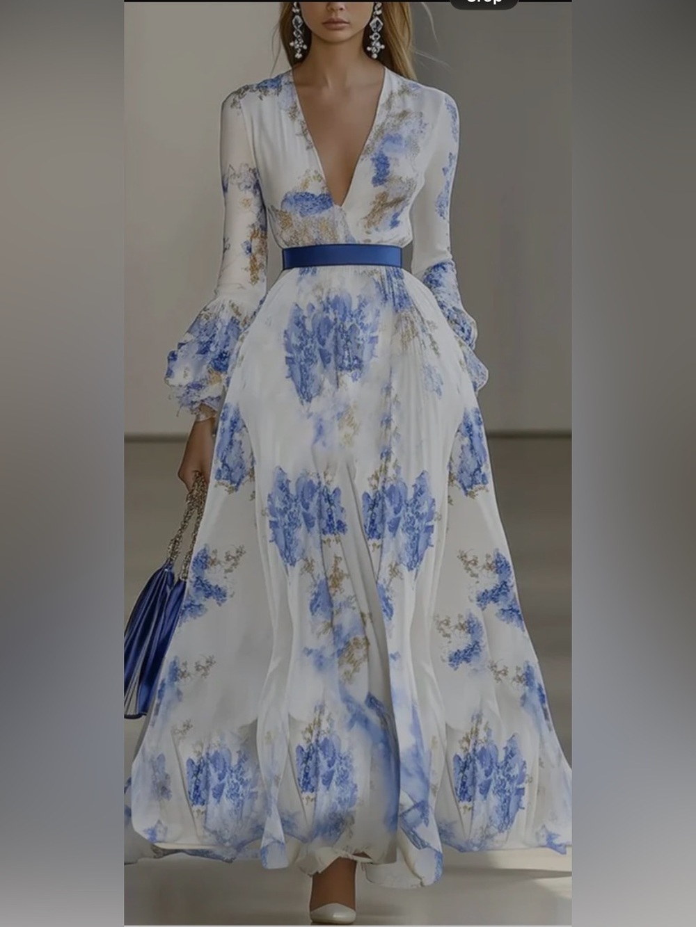 White & Blue Floral Maxi Dress with Deep V Never Worn only tried on